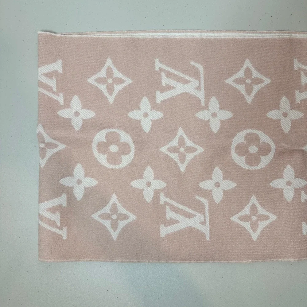 Louis Vuitton Scarf Pink Silk Wool Metallic Monogram Fringe Shawl Wrap Luxury